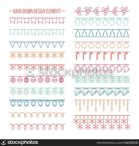 Set of 2016 Christmas season hand drawn vector line border and sketch scribble winter design graphic element. New Year brushes for design. Illustration. Doodle style. Scrapbook decorations.. Set of 2016 Christmas season hand drawn vector line border and sketch scribble winter design graphic element. New Year brushes for design. Illustration. Trendy doodle style. Scrapbook decorations.