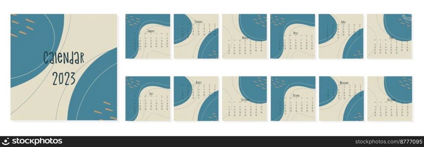 Set of 2023 calendar blue template by months, calendar cover concept, boho style abstract illustration.