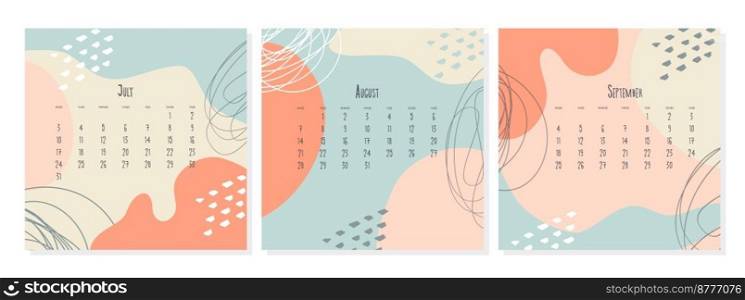 Set of 2023 calendar template by months July August September , calendar cover concept, boho style abstract illustration.