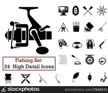 Set of 24 Fishing Icons in Black Color.
