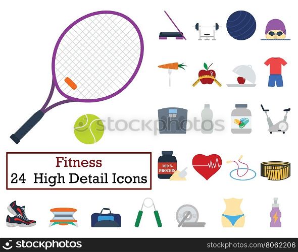 Set of 24 Fitness Icons. Flat color design. Vector illustration.