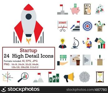 Set of 24 highly detailed icons on Startup theme. Full color flat design. Fully editable vector illustration. Text expanded.