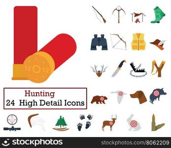 Set of 24 Hunting Icons. Flat color design. Vector illustration.