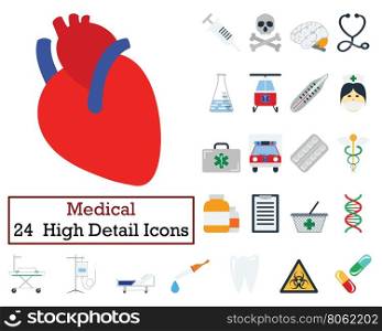 Set of 24 Medical icons. Flat color design. Vector illustration.