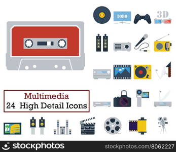 Set of 24 Multimedia Icons. Flat color design. Vector illustration.