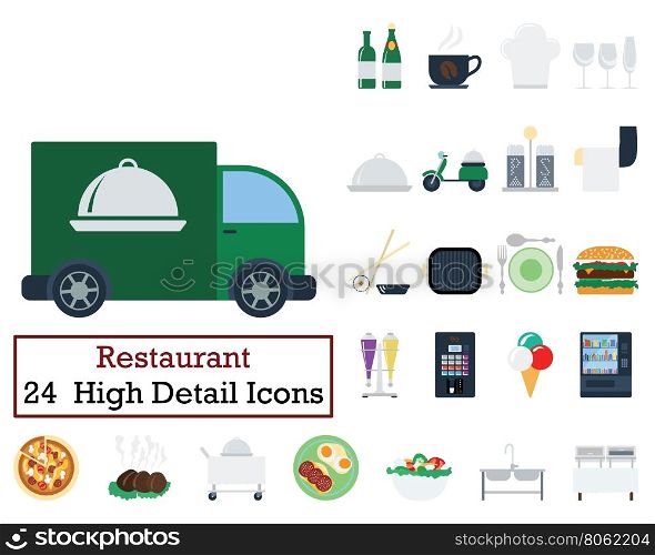 Set of 24 Restaurant icons. Flat color design. Vector illustration.