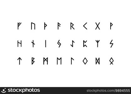 Set of 24 runes sacred scandinavian symbols isolated on white background. Vector runic alphabet.