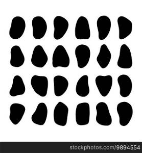 Set of 24 silhouettes of pebbles. Black irregular shaped spots isolated on white background.