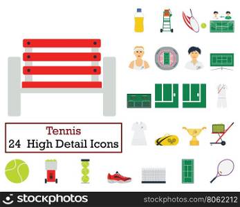 Set of 24 Tennis Icons. Flat color design. Vector illustration.