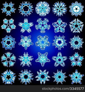 Set of 25 a five-rays crystal gradient snowflakes. Vector illustration on dark blue background.