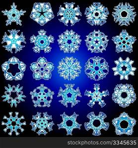 Set of 25 a five-rays crystal gradient snowflakes. Vector illustration on dark blue background.