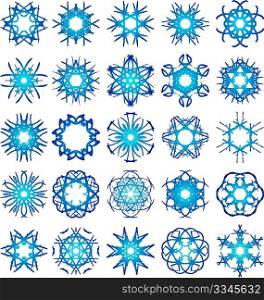 Set of 25 a six-rays crystal gradient snowflakes. Vector illustration on white background.