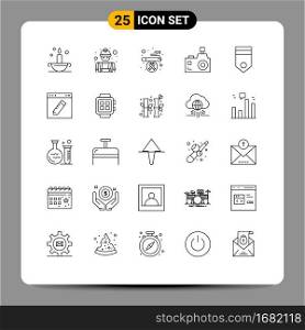 Set of 25 Commercial Lines pack for badge, photography, cigarette, photographer, flash camera Editable Vector Design Elements