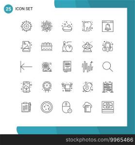 Set of 25 Commercial Lines pack for browser, alarm, study, tooth, dental Editable Vector Design Elements