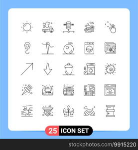 Set of 25 Commercial Lines pack for hand cursor, transport, pollution, scooter, web hosting Editable Vector Design Elements