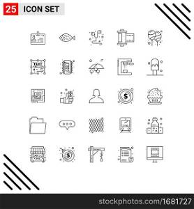 Set of 25 Commercial Lines pack for photo, camera, food, smartphone, headset Editable Vector Design Elements