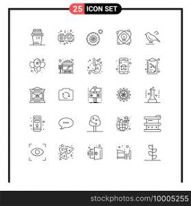 Set of 25 Commercial Lines pack for sparrow, british, tires, bird, light Editable Vector Design Elements