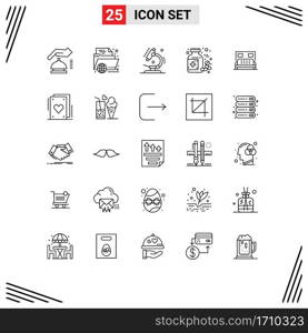 Set of 25 Commercial Lines pack for tablet, medicine, learning, bottle, microscope Editable Vector Design Elements