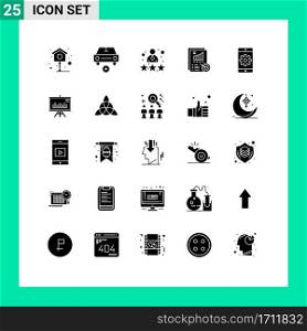 Set of 25 Commercial Solid Glyphs pack for application, report, employee, metrics, review Editable Vector Design Elements