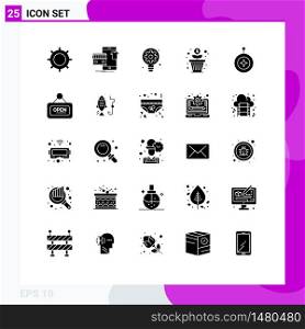Set of 25 Commercial Solid Glyphs pack for badge, money, shop, growth, gear Editable Vector Design Elements
