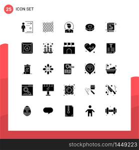 Set of 25 Commercial Solid Glyphs pack for book, love, pattern, heart, services Editable Vector Design Elements