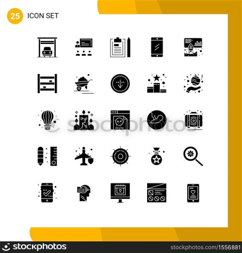 Set of 25 Commercial Solid Glyphs pack for data, education, clipboard, chat, plan Editable Vector Design Elements