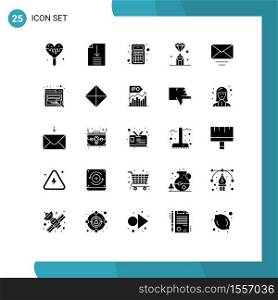 Set of 25 Commercial Solid Glyphs pack for email, value, apps, pen, diamond Editable Vector Design Elements