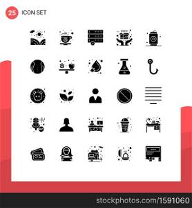 Set of 25 Commercial Solid Glyphs pack for food, can, approve, beer, ecommerce Editable Vector Design Elements