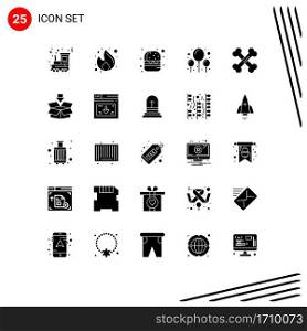 Set of 25 Commercial Solid Glyphs pack for lab, biology, seo, party, balloon Editable Vector Design Elements