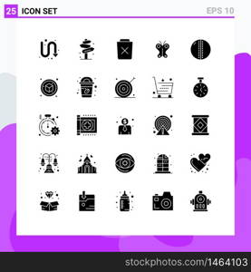 Set of 25 Commercial Solid Glyphs pack for nature, butterfly, street, animal, remove Editable Vector Design Elements