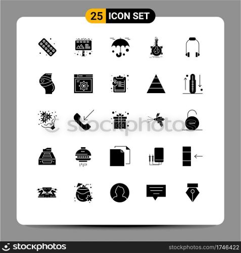 Set of 25 Commercial Solid Glyphs pack for phone, headphone, protection, development, flask Editable Vector Design Elements