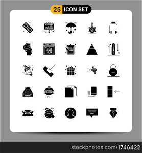 Set of 25 Commercial Solid Glyphs pack for phone, headphone, protection, development, flask Editable Vector Design Elements