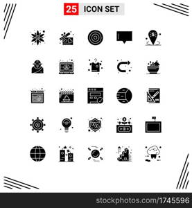 Set of 25 Commercial Solid Glyphs pack for place, business, interface, banking, message Editable Vector Design Elements