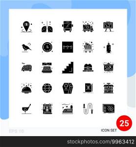Set of 25 Commercial Solid Glyphs pack for presentation, transport, medical, love, transport Editable Vector Design Elements