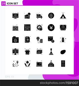 Set of 25 Commercial Solid Glyphs pack for tent, holidays, love, travel, map Editable Vector Design Elements
