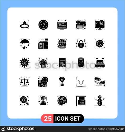 Set of 25 Commercial Solid Glyphs pack for virus, monitor, monitor, computer, communication Editable Vector Design Elements