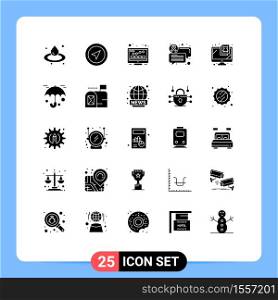 Set of 25 Commercial Solid Glyphs pack for virus, monitor, monitor, computer, communication Editable Vector Design Elements