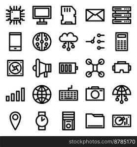 Set of 25 device and technology web icons in line style. Industry 4.0 concept factory of the future. Collection linear icons of technology. Vector illustration
