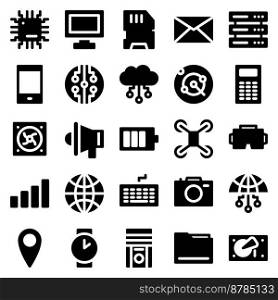 Set of 25 device and technology web icons in solid style. Industry 4.0 concept factory of the future. Collection solid icons of technology. Vector illustration