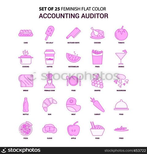 Set of 25 Feminish Accounting Auditor Flat Color Pink Icon set