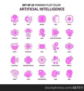 Set of 25 Feminish Artificial Intelligence Flat Color Pink Icon set