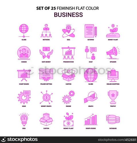 Set of 25 Feminish Business Flat Color Pink Icon set