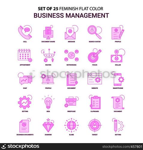 Set of 25 Feminish Business Management Flat Color Pink Icon set