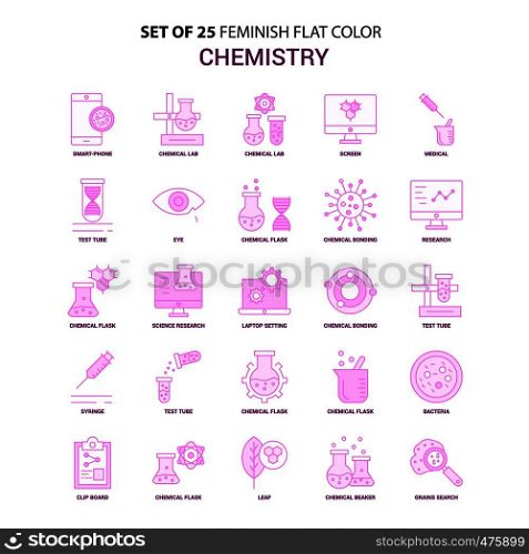 Set of 25 Feminish Chemistry Flat Color Pink Icon set