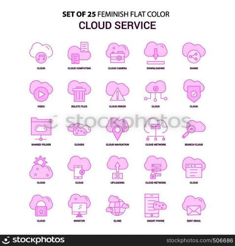 Set of 25 Feminish Cloud Service Flat Color Pink Icon set
