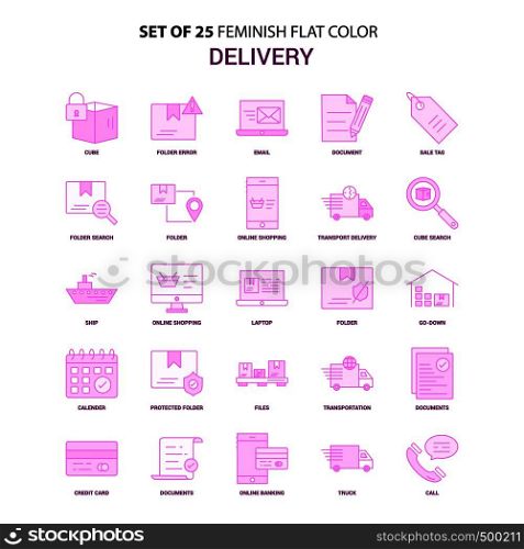 Set of 25 Feminish Delivery Flat Color Pink Icon set
