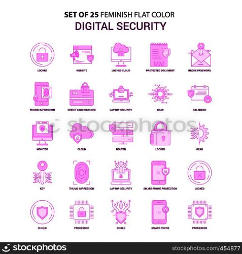 Set of 25 Feminish Digital Security Flat Color Pink Icon set