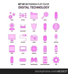 Set of 25 Feminish Digital Technology Flat Color Pink Icon set