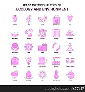 Set of 25 Feminish Ecology and Enviroment Flat Color Pink Icon set