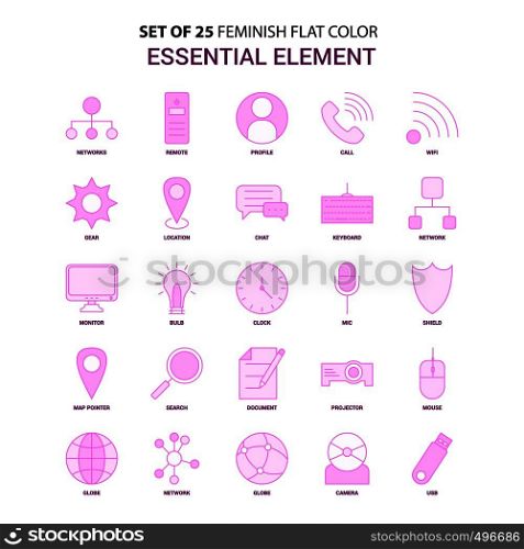 Set of 25 Feminish Essential Element Flat Color Pink Icon set